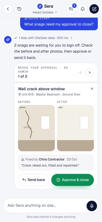 Sera on the phone: approve and close a snag with before and after photos