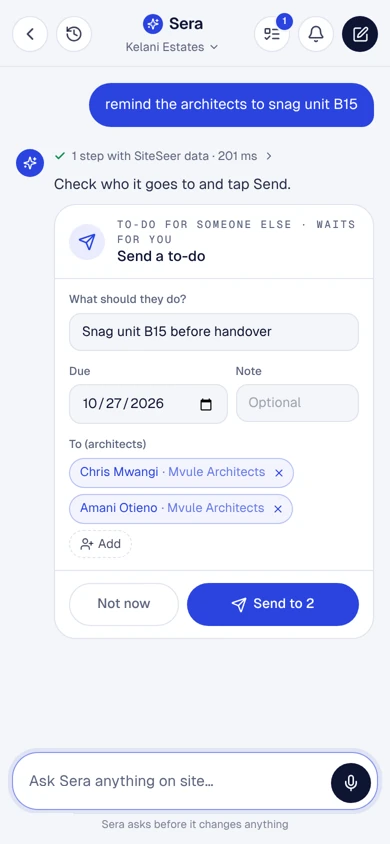 Sending a to-do to two architects in Sera AI