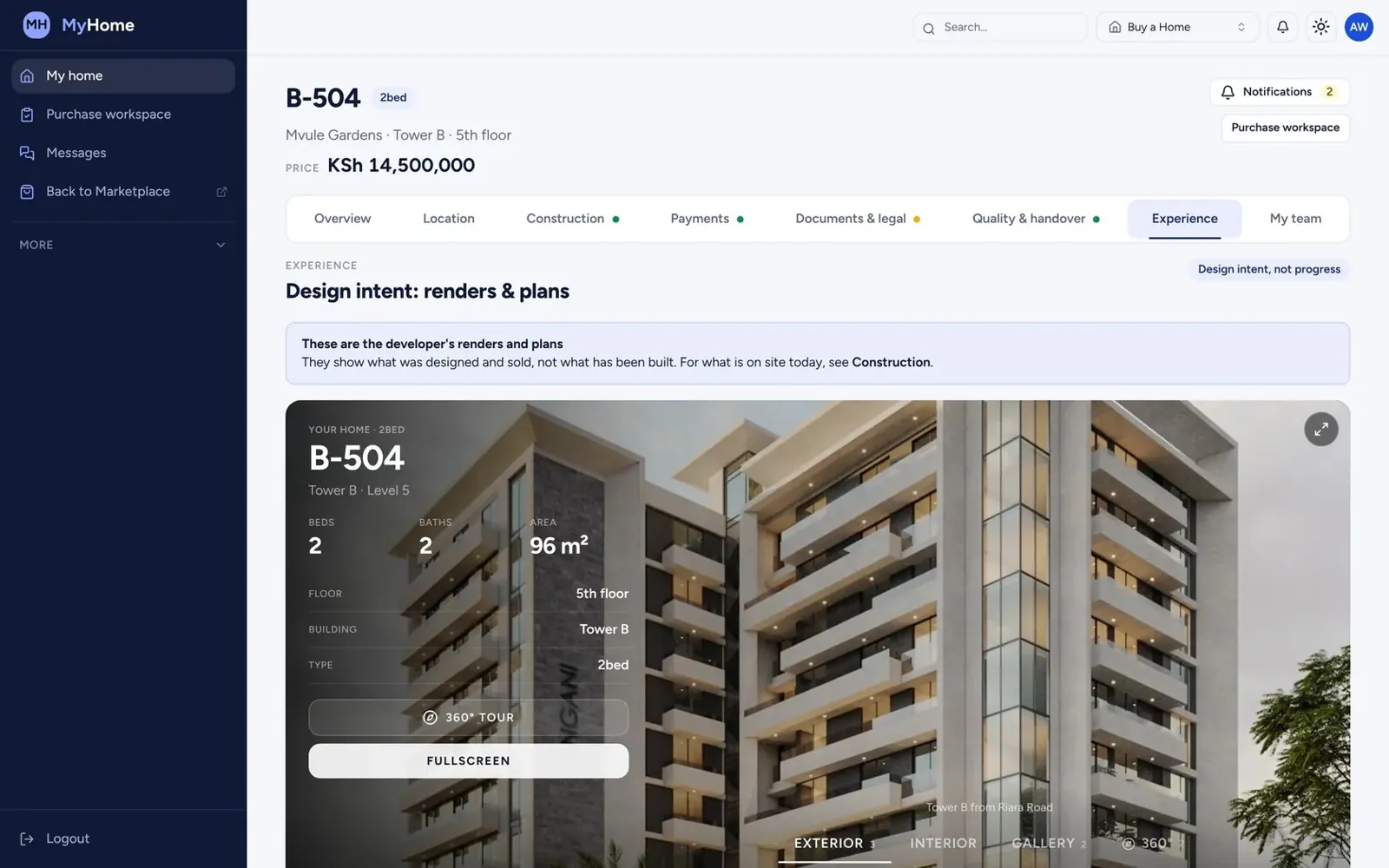 MyHome experience tab with renders